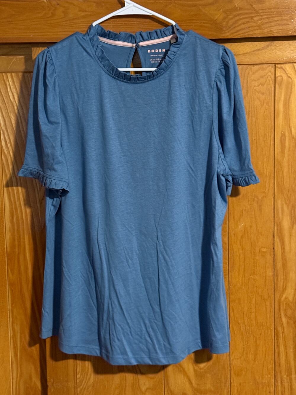 Women's Boden Supersoft Blue Frill Detail Tee, Size 16/18